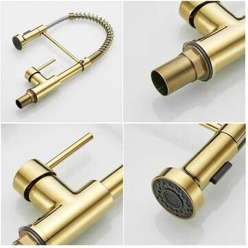 Luxury Gold Kitchen Sink Faucets Brass Single Lever Pull Out Spring Spout Mixers Tap Hot Cold Water