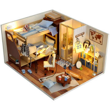 DIY Doll House Set Mini DIY LED Wooden Boy/Girl Dollhouse Miniature Wooden Furniture ... (TYPE: BOY)