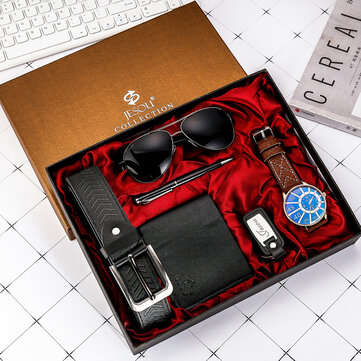 Deffrun 6pcs Men Watch Set Glasses Belt Wallet Keychain Pen Gift Kit Quartz Watch (NO.: NO.2)
