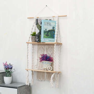 2 Layers Woven Macrame Wooden Wall Shelf Modern Plant Holder Home Office Hanging Decor