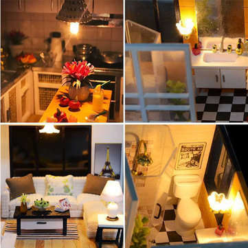 Loft Apartments Miniature Dollhouse Wooden Doll House Furniture LED Kit Christmas Birthday Gifts