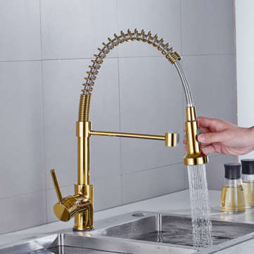 Luxury Gold Kitchen Sink Faucets Brass Single Lever Pull Out Spring Spout Mixers Tap Hot Cold Water