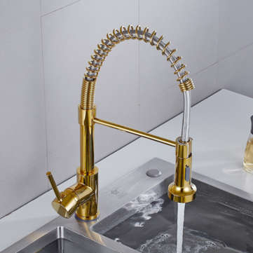 Luxury Gold Kitchen Sink Faucets Brass Single Lever Pull Out Spring Spout Mixers Tap Hot Cold Water