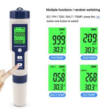 EZ-9909A 5 in 1 TDS/EC/PH/Salinity/Temperature Meter Digital Water Quality Monitor Tester for Pools,