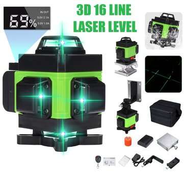 LED Display 3D 360 16 Line Green Light Laser Level Cross Self Leveling Measure Tool (PLUG: EUPLUG)