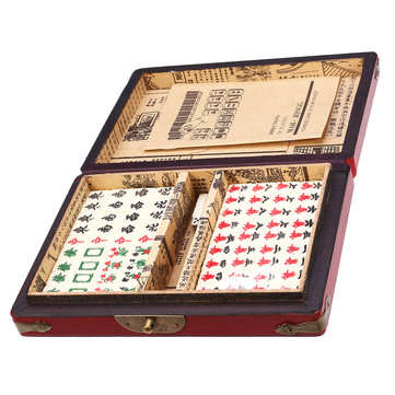 Chinese Mahjong Portable Retro Box Board Game Toy Rare 144 Tiles Mah-Jong Set In Leather Box