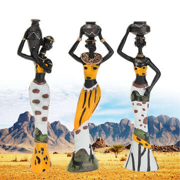 3Pcs African Lady Ornament with Vase Exquisite Ethnic Statue Sculptures National Culture Table Actio