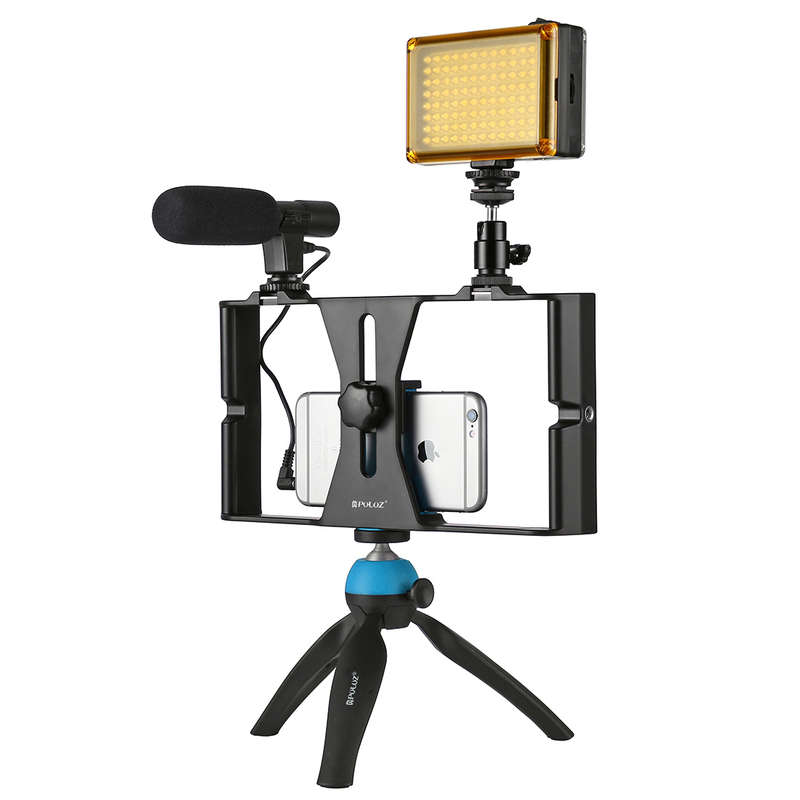New PULUZ PKT3023 Smartphone Video Rig LED Studio Light Video Shotgun Microphone Mini Tripod M