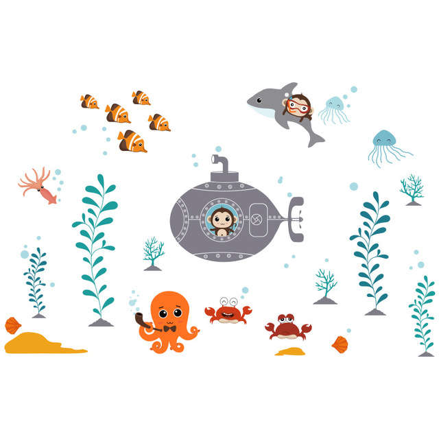 New Cartoon Children's Room Baby Bedroom Decoration Underwater World Wall Sticker Cute Bathroo