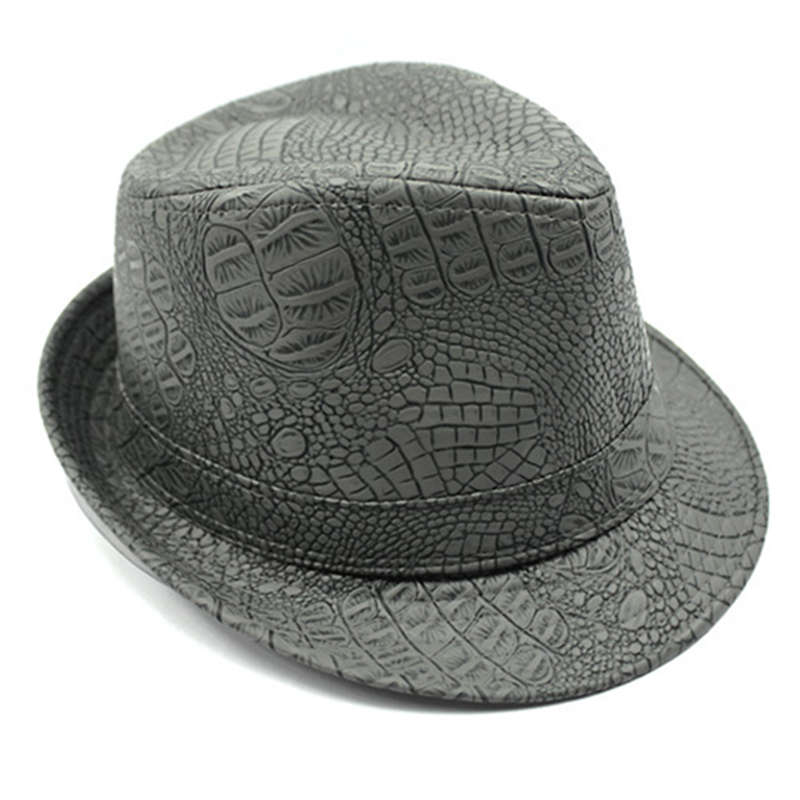 Mens PU Leather Crocodile Pattern Jazz Hat Outdoor Middle-aged Wide Brimmed Fedora Hat (Color Black)