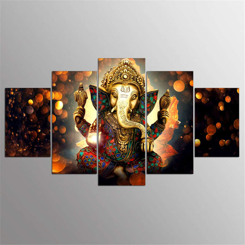 5 Pcs Canvas Ganesha Painting Poster Printing Wall Art Decor Picture for Home Office...-(Version A )