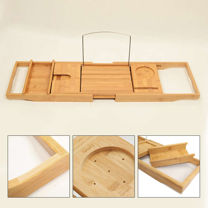 New Honana BX-816 Expandable Bamboo Bath Caddy Wine Glass Holder Tray Over Bathtub Rack Suppor