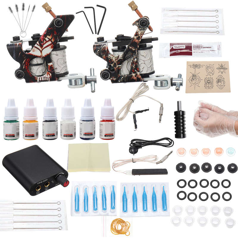 Professional Complete Tattoo Kit Tattoo Machine Grip Set 6 Ink Needles Tips Power Supply