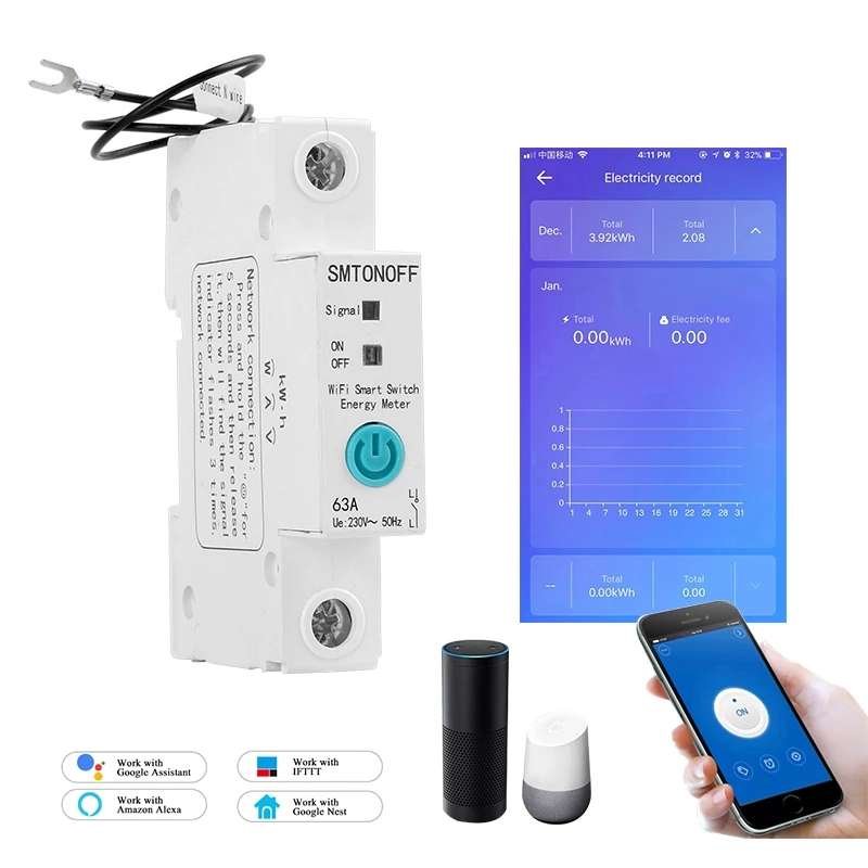 1P 63A eWelink Single Phase Din Rail WIFI Smart Switch Energy Meter Leakage Protection Remote Read K