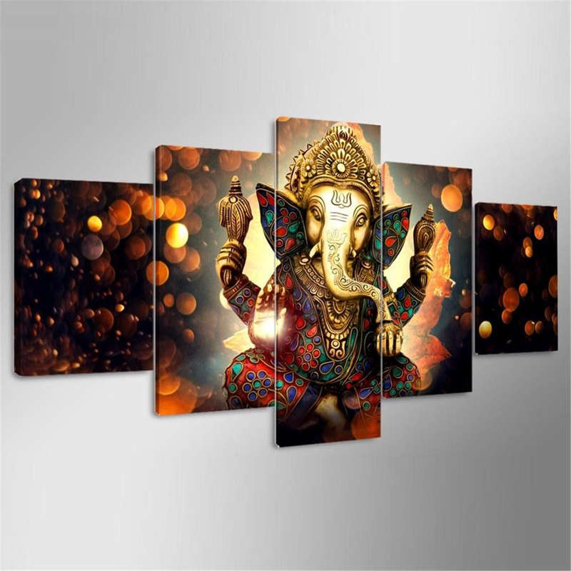5 Pcs Canvas Ganesha Painting Poster Printing Wall Art Decor Picture for Home Office...-(Version A )