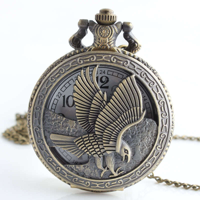 DEFFRUN Vintage bronze Eagle Wings Pattern Pocket Watch Necklace Digital Dial Quartz Pocket Watch