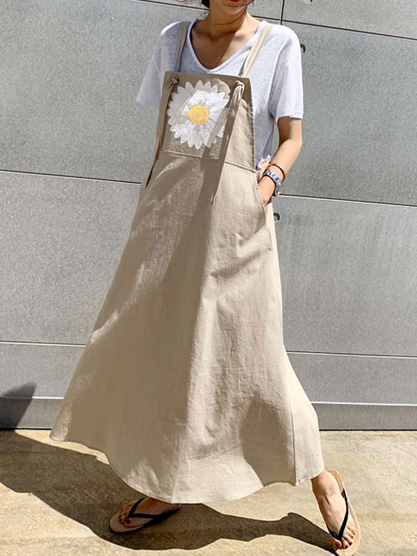 Small Daisies Print Adjustable Strap Casual Loose A-line Maxi Dress with Pocket (Size S Color Khaki)