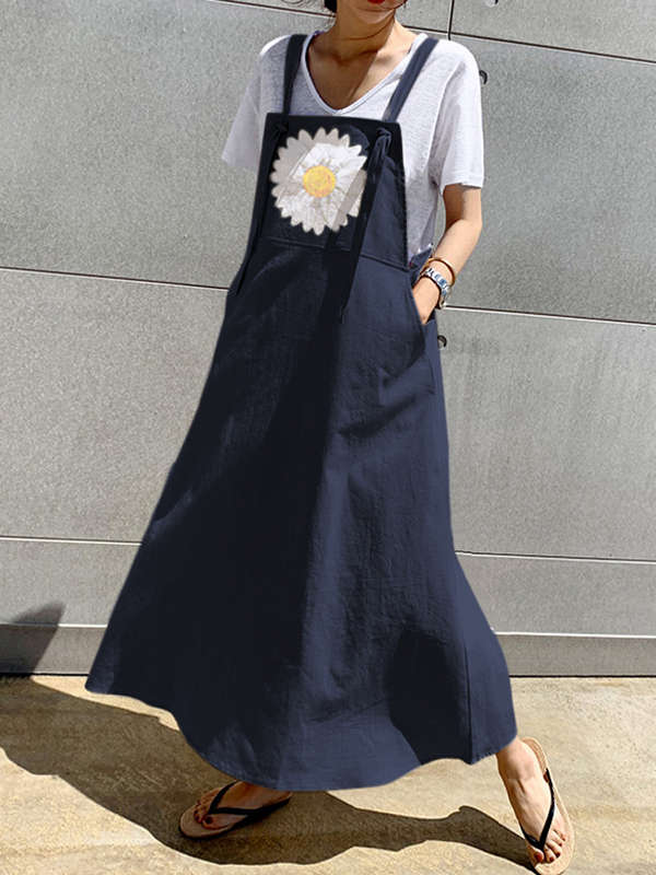 Small Daisies Print Adjustable Strap Casual Loose A-line Maxi Dress with Pocket (Size S Color Khaki)
