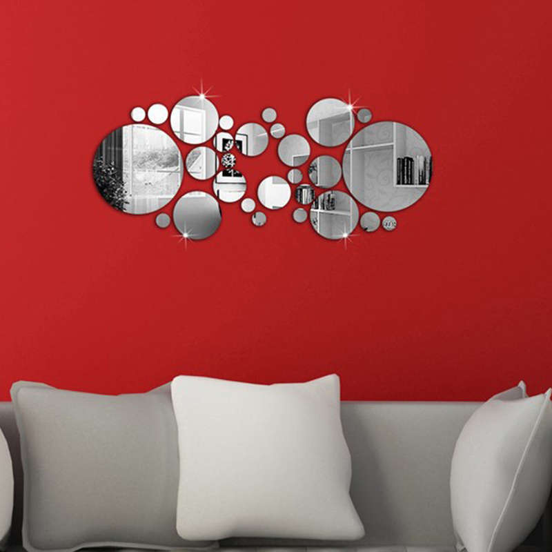 28Pcs 3D Sticker Modern Art Acrylic Silver Round Mirror Removable Wall Sticker D