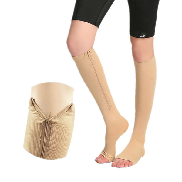1 Pair Zip Sox Compression Socks Zipper Leg Support Knee Stockings Open Toe (Color Beige SIZE. S)