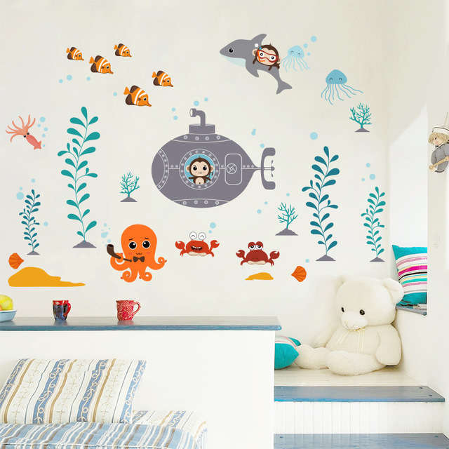 New Cartoon Children's Room Baby Bedroom Decoration Underwater World Wall Sticker Cute Bathroo