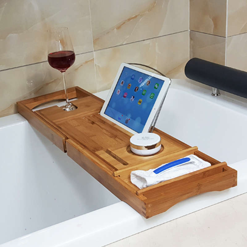 New Honana BX-816 Expandable Bamboo Bath Caddy Wine Glass Holder Tray Over Bathtub Rack Suppor