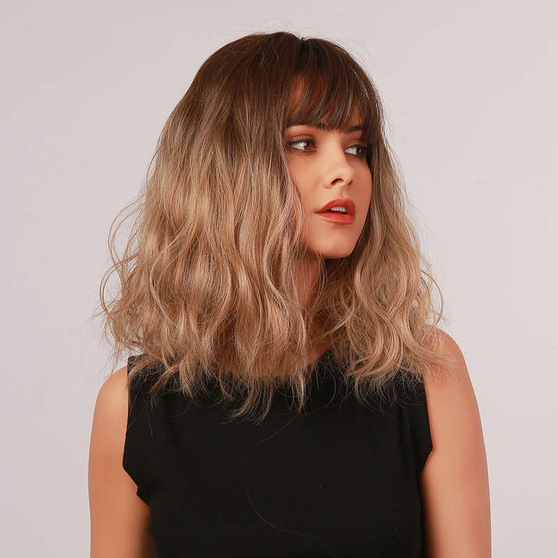 15 Inch Dark Brown Gradation Light Brown Medium-Length Curly Hair Full Head Cover Wig