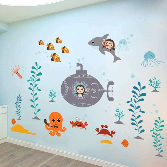 New Cartoon Children's Room Baby Bedroom Decoration Underwater World Wall Sticker Cute Bathroo