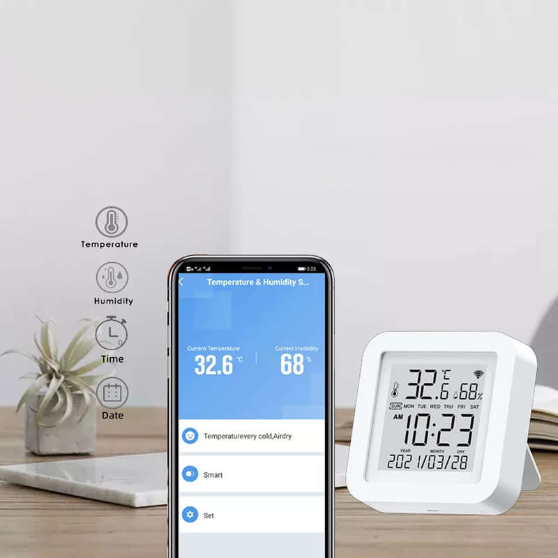 Tuya WIFI Temperature Humidity Smart Sensor Clock Digital Display Remote Control Thermometer Support