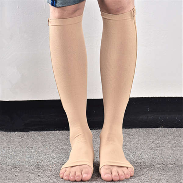 1 Pair Zip Sox Compression Socks Zipper Leg Support Knee Stockings Open Toe (Color Beige SIZE. S)