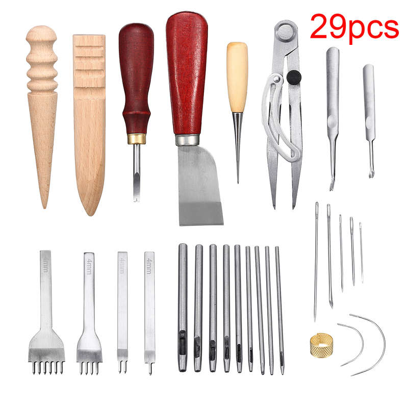 29PCS/Set Leather Craft Hand Tools Kit Thread Awl Waxed Thimble Kit For Hand Stitching Sewing T