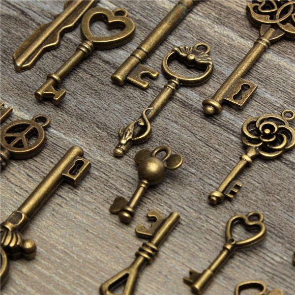 19pc Antique Vintage Old Look Skeleton Key Set Lot Pendant Heart Bow Lock Steampunk Jewel