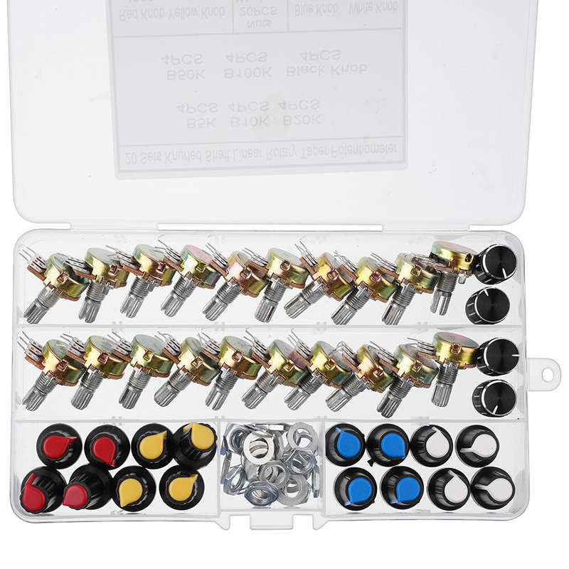 20PCS Single Potentiometer B5k/10k/20k/50k/100k Black White Blue Red And Yellow Knob Cap Set Boxed K