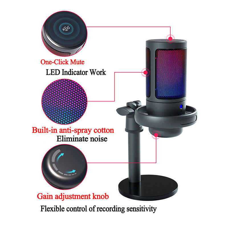 ME6S USB Condenser with RGB Light Metal Microphone Professional Recording Streaming Desktop Podcast