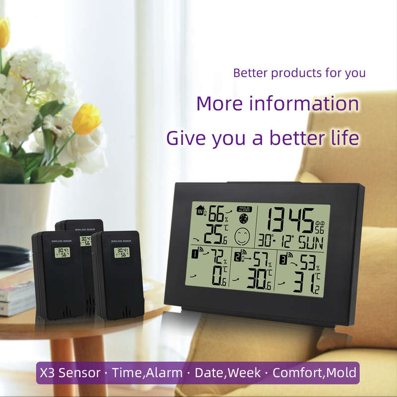 One for Three Digital Thermometer Hygrometer Alarm Clock Wireless Indoor Weather Station Dual Alarm