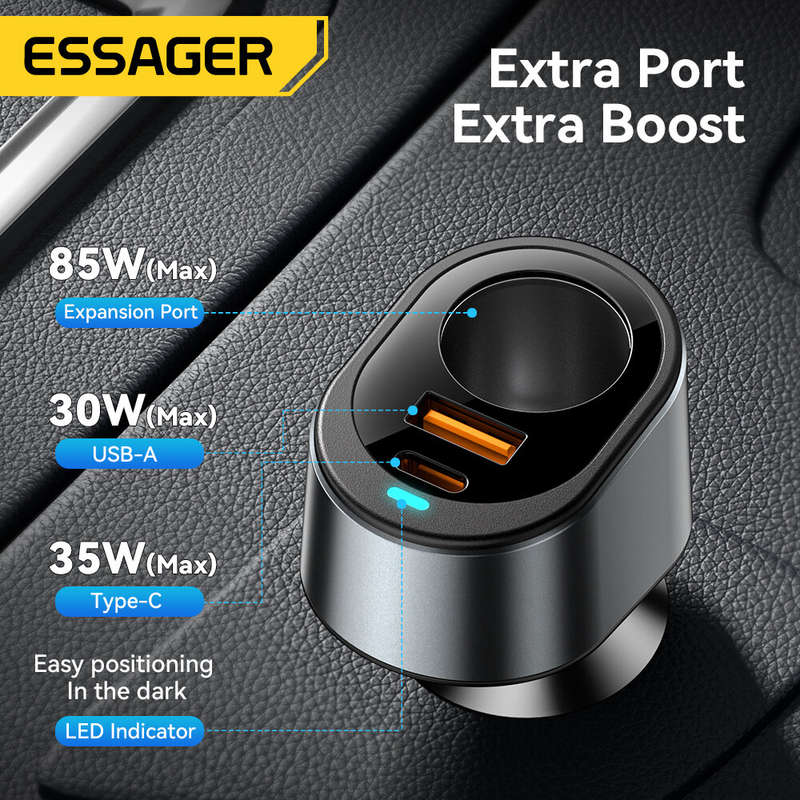 ESSAGER F755 120W 3-Port USB PD Car Charger Adapter USB-A+Type-C+85W Expansion Port Support QC3.0 PD