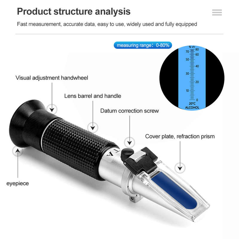 HandHeld Alcohol Refractometer Alcoholometer Alcohol Tester 0-80% Alcohol Sugar Refractometer ATC Wi