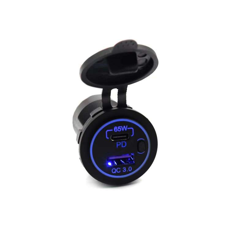 Dual USB QC3.0 Fast Charging + PD Port 65W High Power 2 Ports Car Charger with Blue LED Light for iP