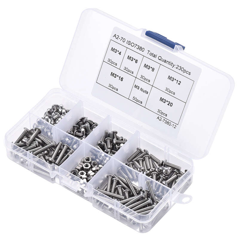 230pcs M3 304 Stainless Steel Allen Hex Drive Button Head Socket Cap Bolts Screws Nuts Assortment Ki