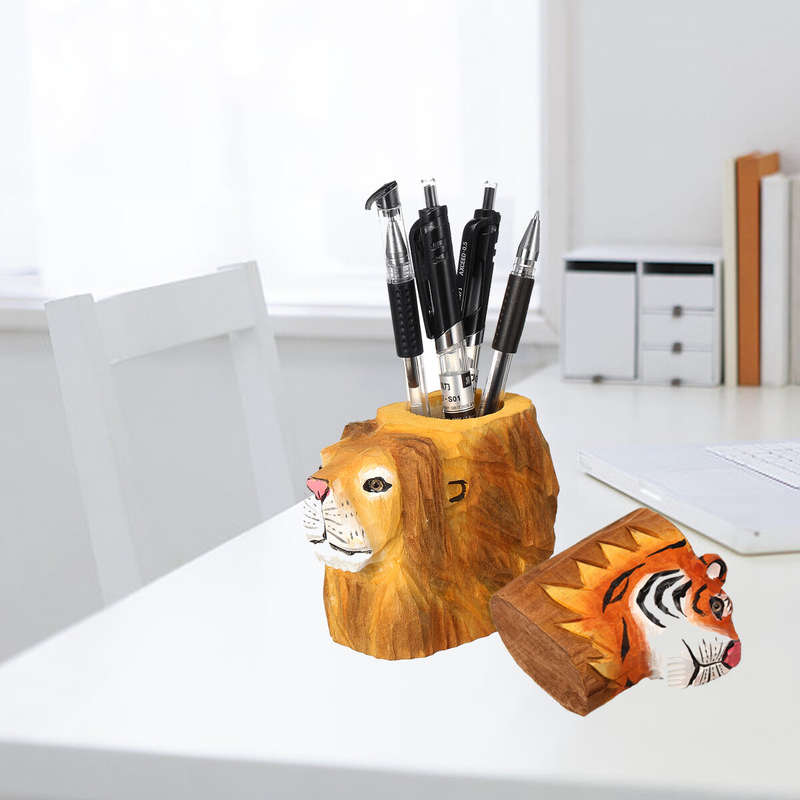 Animal Types Pen Holder Creative Hand Carved Wooden Pen Holder Lion Tiger Owl Dog Pattern Pen Organi