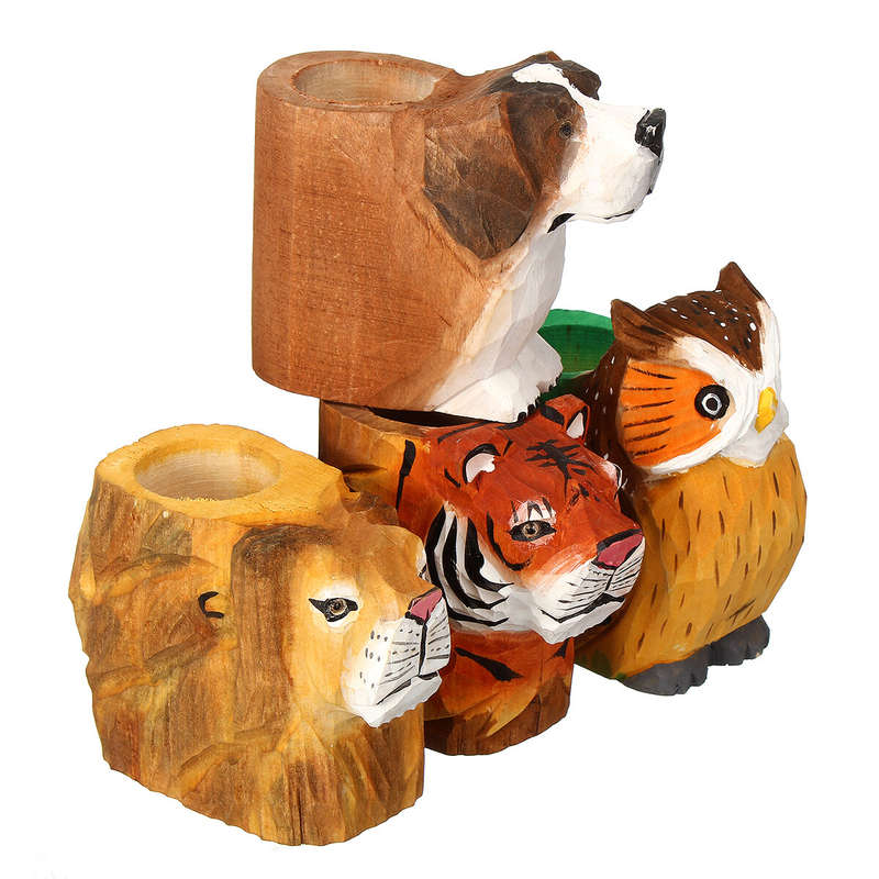 Animal Types Pen Holder Creative Hand Carved Wooden Pen Holder Lion Tiger Owl Dog Pattern Pen Organi
