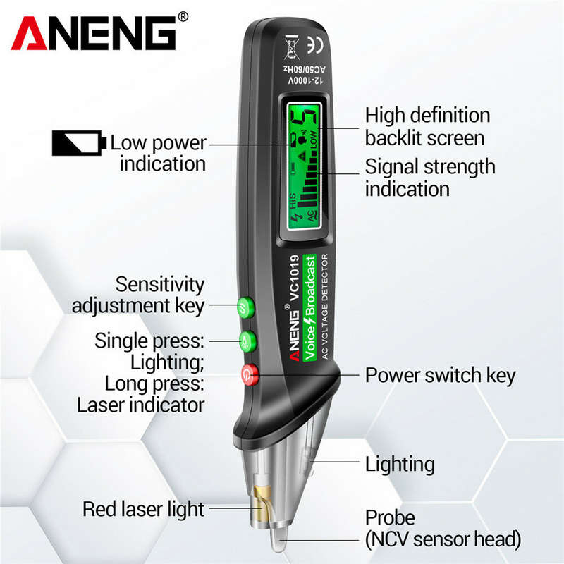 ANENG VC1019 Red Laser Test Pen Voice Broadcast Voltage Detector 12-1000V Volt Current Non-Contact P