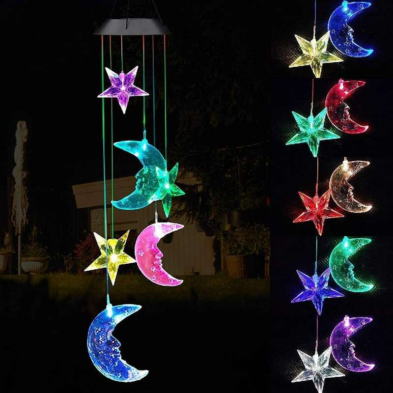 Star Moon Solar Wind Chimes Light Color Changing Gift Portable Hanging Waterproof Mobile Romantic Wi
