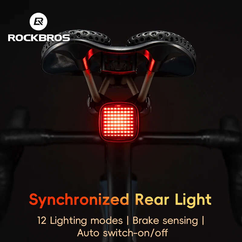 ROCKBROS Smart Bicycle Brake Sensing Taillight 12 Light Modes Vibration Sync Feedback IPX6 Waterproo