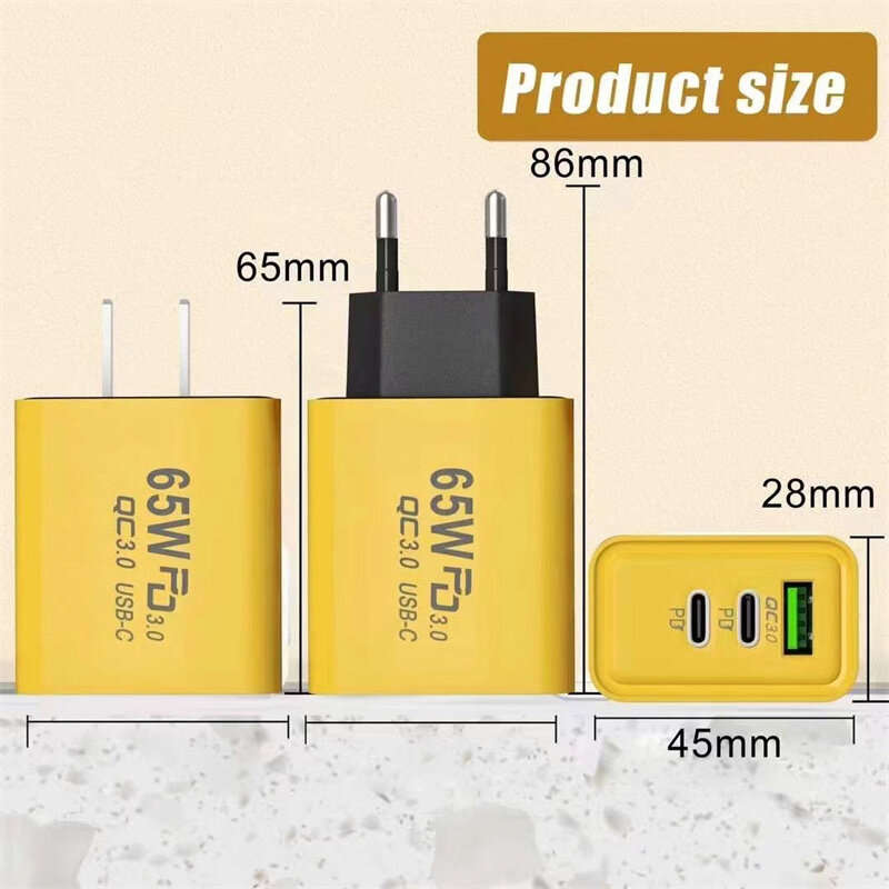 AR-PD05 65W 3-Port USB PD Charger USB-A+2Type-C PD QC3.0 Fast Charging Wall Charger Adapter EU Plug