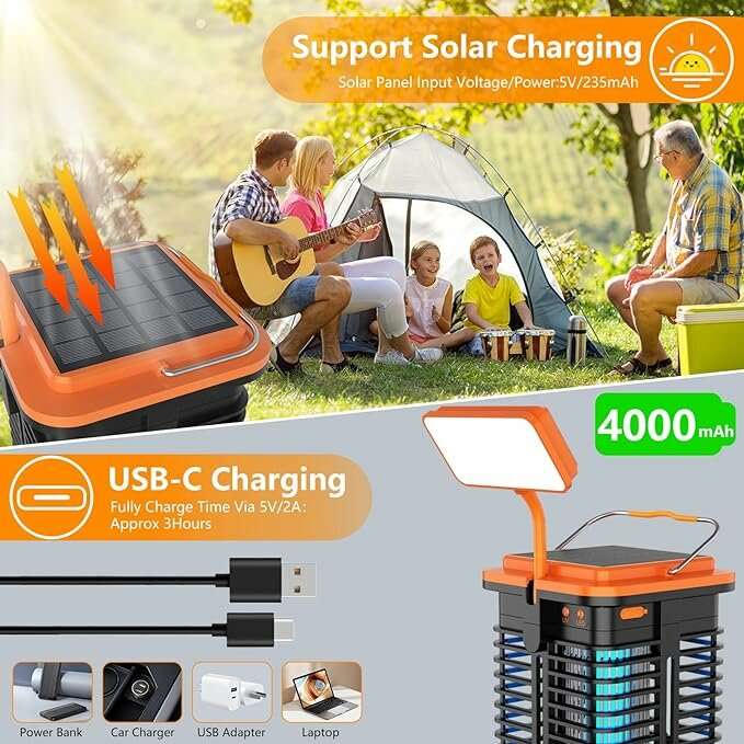 Solar Bug Zapper with LED Light 4000mAh Rechargeable Battery Cordless Electric Mosquito Zapper for O