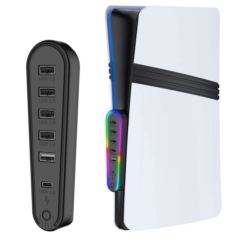 JYS JYS-P5231 6-in-1 USB Hub for PS5 Slim/Pro with 5xUSB2.0+USB3.0 Type-C Port Plug and Play RGB Lig