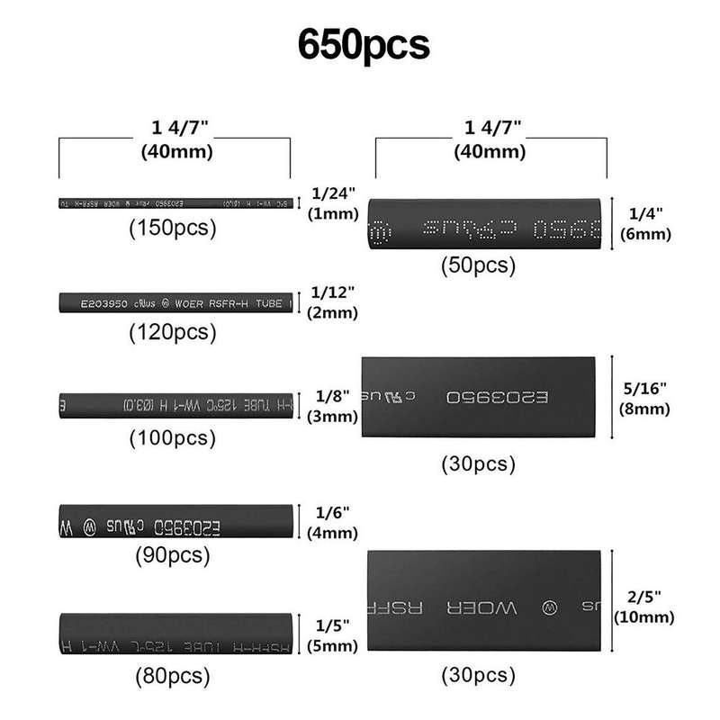 650pcs Heat Shrink Tubing Black Ratio 2:1 Insulation Protection Flame Retardant Heat Shrink Sleeving
