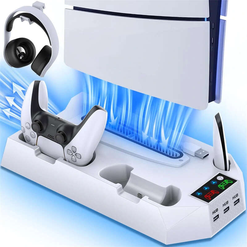 for PS5 Slim Host Heat Disspation Stand Cooling Station with Dual PS5 Controller Charging Station an