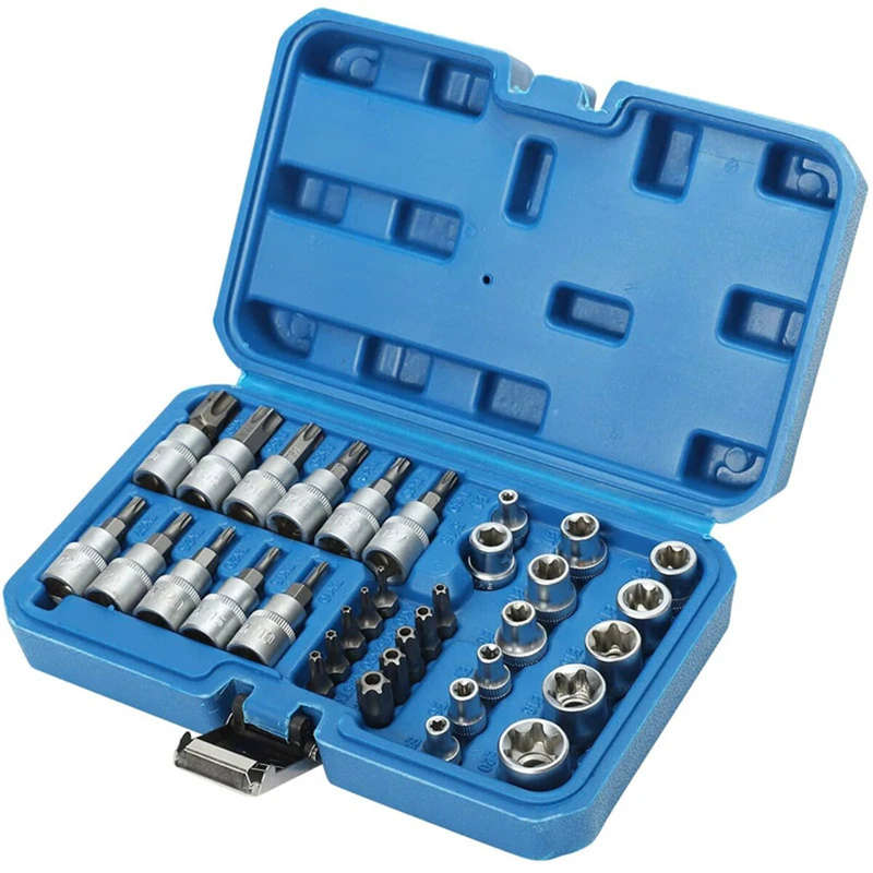 34PCS Torx Bit Socket and E-Torx Star Socket Set 1/4 3/8 1/2 Drive Chrome Vanadium Steel with Storag